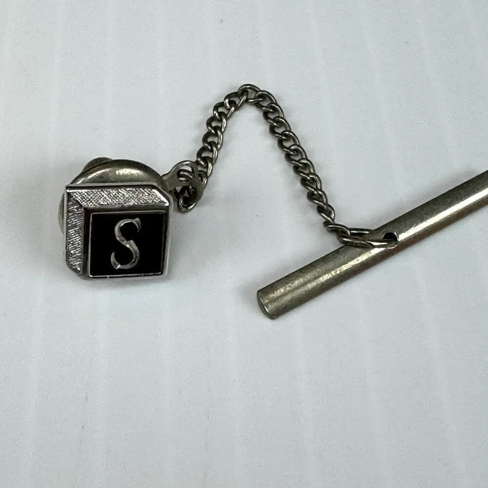 Vintage Swank Tie Tack Letter S Monogram Silver Tone Initial